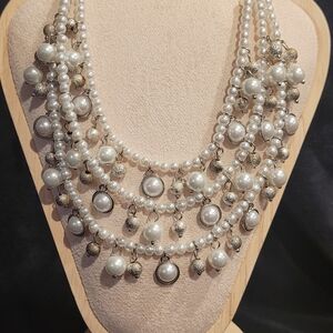 New York, NY Pearl Multi-Strand Statement Necklace - White and Gold